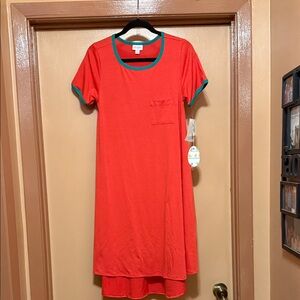 LuLaRoe Coral Midi Dress with Teal Trim
